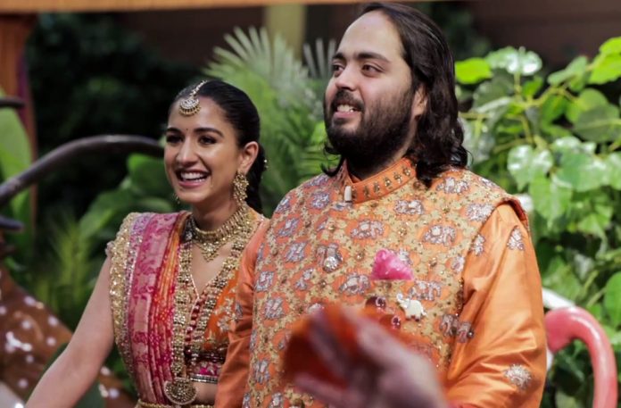 Anant Ambani and Radhika Merchant during the 'Mameru ceremony' ahead of their wedding
